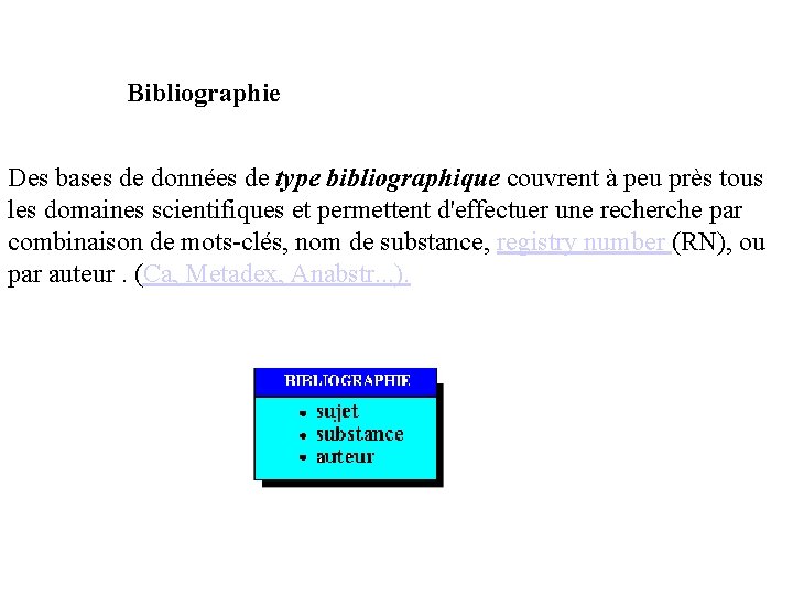 Bibliographie Des bases de données de type bibliographique couvrent à peu près tous les