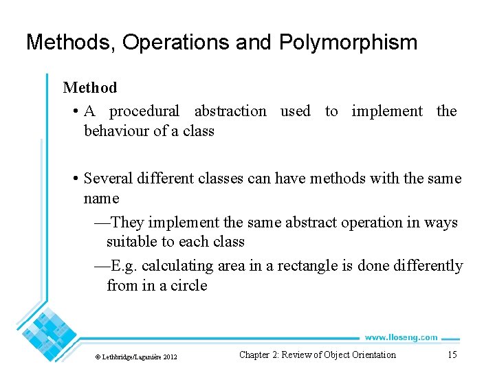 Methods, Operations and Polymorphism Method • A procedural abstraction used to implement the behaviour Methods, Operations and Polymorphism Method • A procedural abstraction used to implement the behaviour