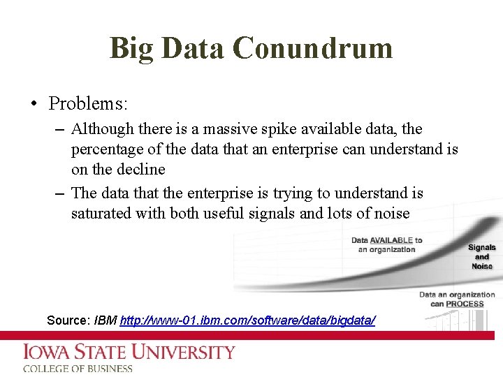 Big Data Conundrum • Problems: – Although there is a massive spike available data,