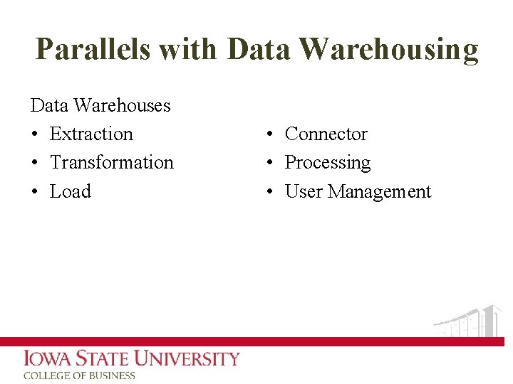 Parallels with Data Warehousing Data Warehouses • Extraction • Transformation • Load • Connector