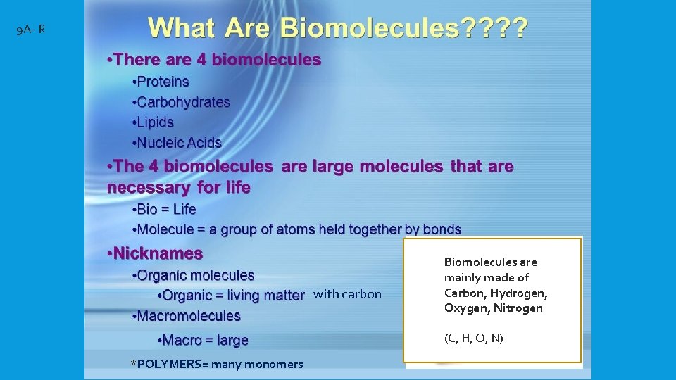 9 A- R with carbon Biomolecules are mainly made of Carbon, Hydrogen, Oxygen, Nitrogen