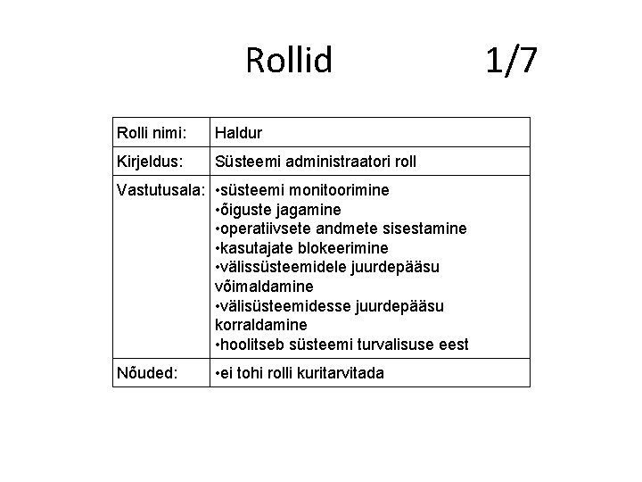 Rollid Rolli nimi: Haldur Kirjeldus: Süsteemi administraatori roll Vastutusala: • süsteemi monitoorimine • õiguste
