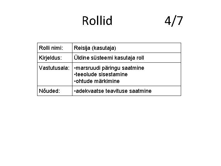Rollid Rolli nimi: Reisija (kasutaja) Kirjeldus: Üldine süsteemi kasutaja roll Vastutusala: • marsruudi päringu