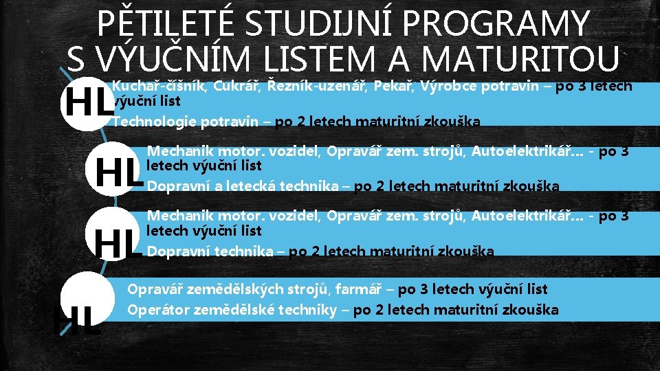 PĚTILETÉ STUDIJNÍ PROGRAMY S VÝUČNÍM LISTEM A MATURITOU Kuchař-číšník, Cukrář, Řezník-uzenář, Pekař, Výrobce potravin