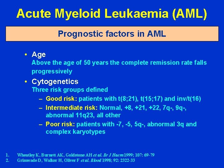 Acute Myeloid Leukaemia (AML) Prognostic factors in AML • Age Above the age of