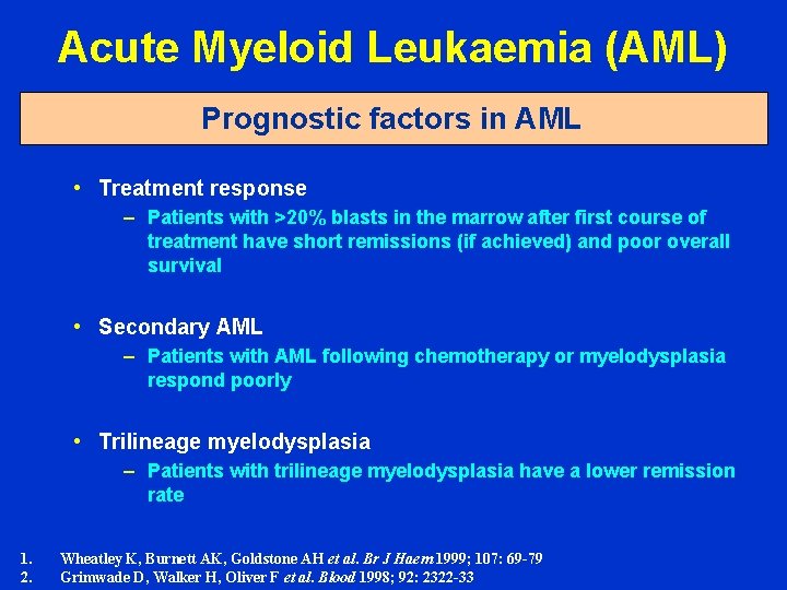 Acute Myeloid Leukaemia (AML) Prognostic factors in AML • Treatment response – Patients with