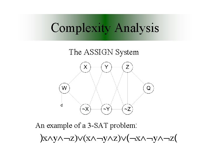 Complexity Analysis The ASSIGN System An example of a 3 -SAT problem: )x y