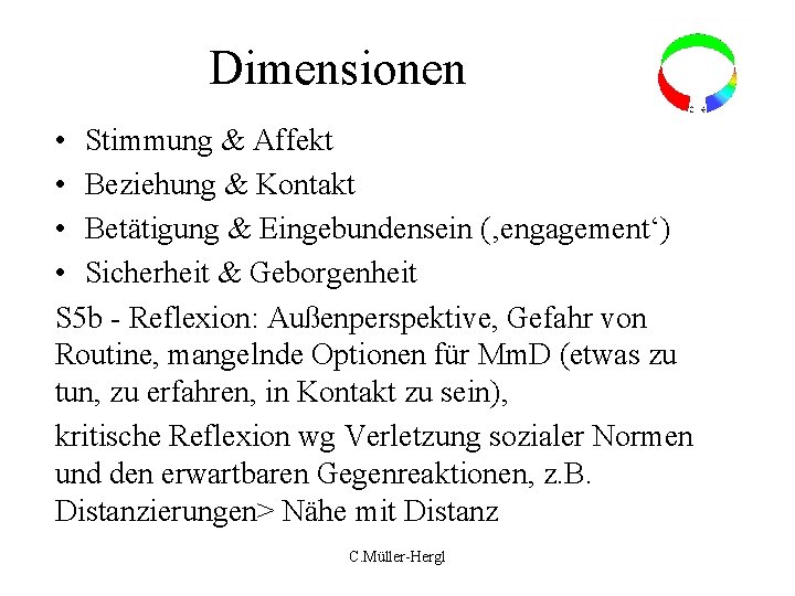 Dimensionen • Stimmung & Affekt • Beziehung & Kontakt • Betätigung & Eingebundensein (‚engagement‘)