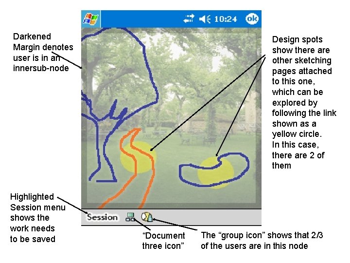 Darkened Margin denotes user is in an innersub-node Highlighted Session menu shows the work