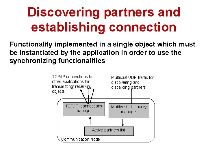 Discovering partners and establishing connection Functionality implemented in a single object which must be