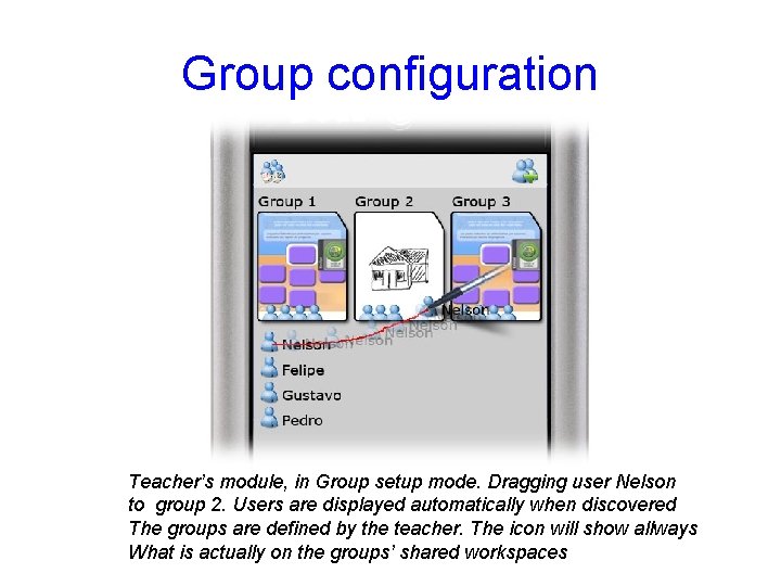 Group configuration Teacher’s module, in Group setup mode. Dragging user Nelson to group 2.