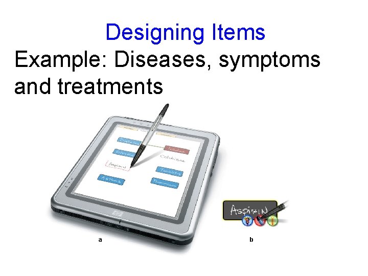 Designing Items Example: Diseases, symptoms and treatments a b 