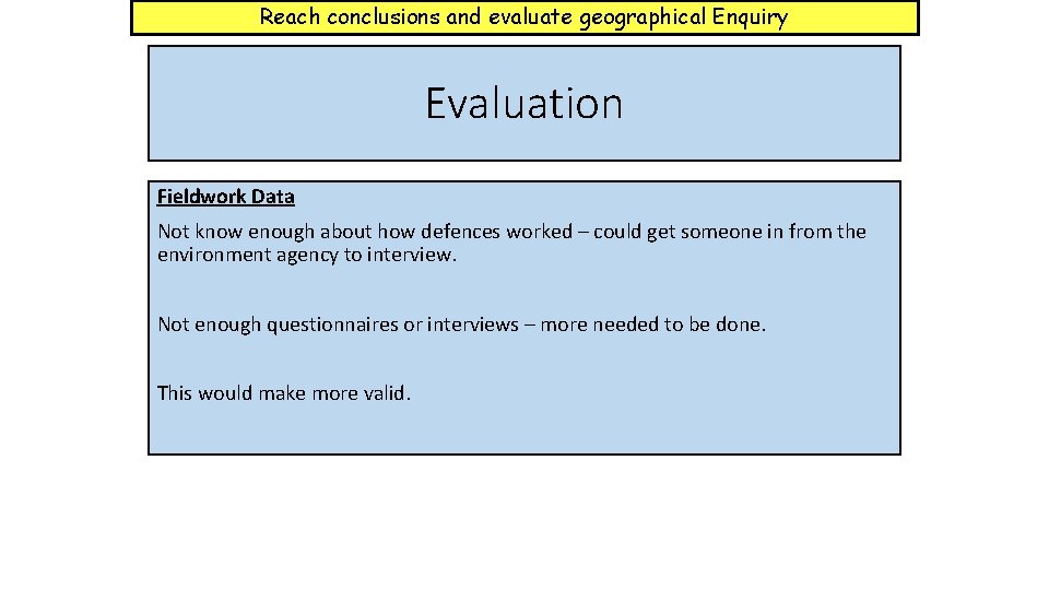 Reach conclusions and evaluate geographical Enquiry Evaluation Fieldwork Data Not know enough about how