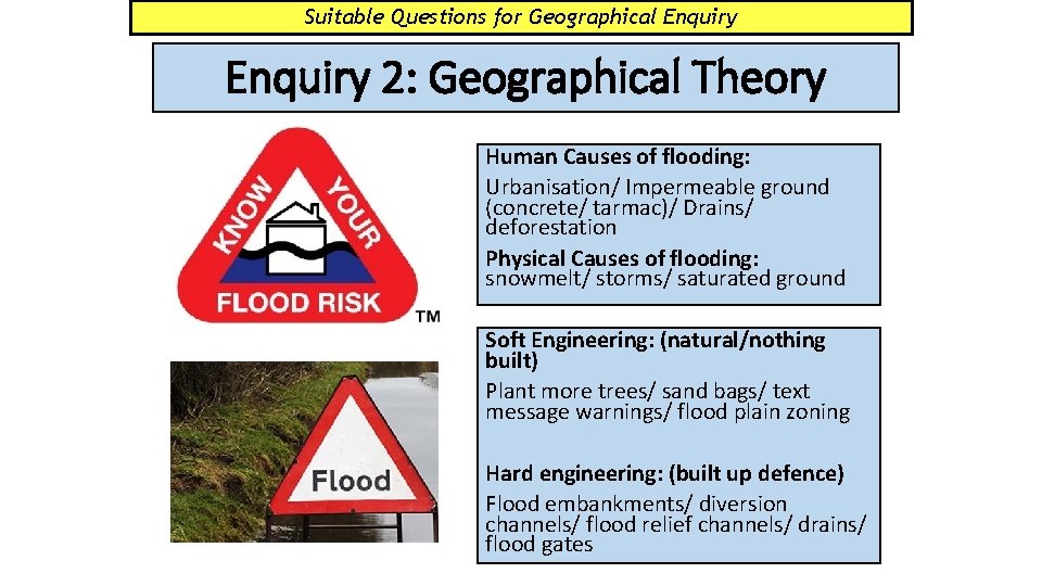 Suitable Questions for Geographical Enquiry 2: Geographical Theory Human Causes of flooding: Urbanisation/ Impermeable