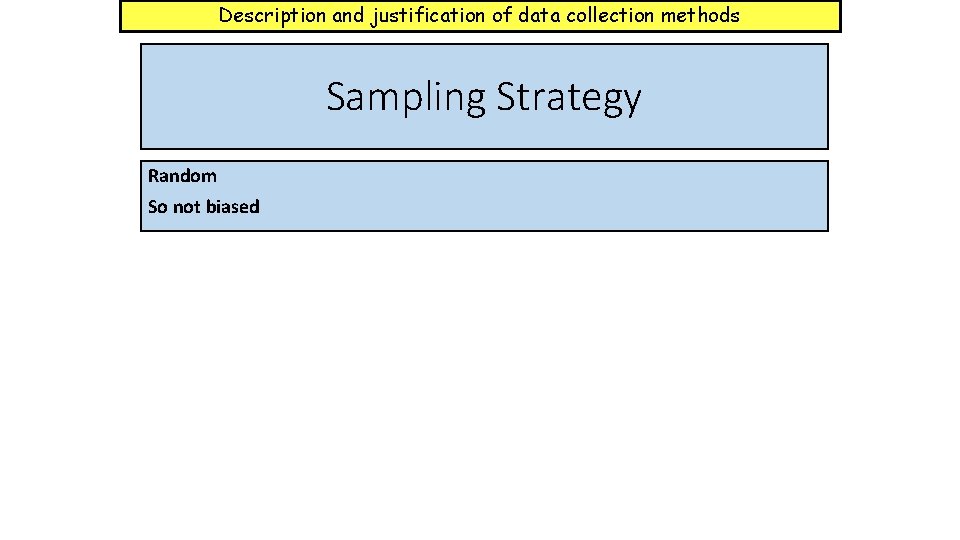 Description and justification of data collection methods Sampling Strategy Random So not biased 