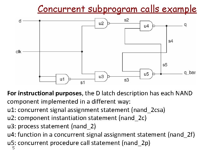 Concurrent subprogram calls example For instructional purposes, the D latch description has each NAND