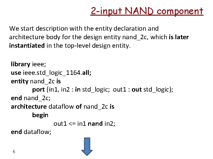 2 -input NAND component We start description with the entity declaration and architecture body