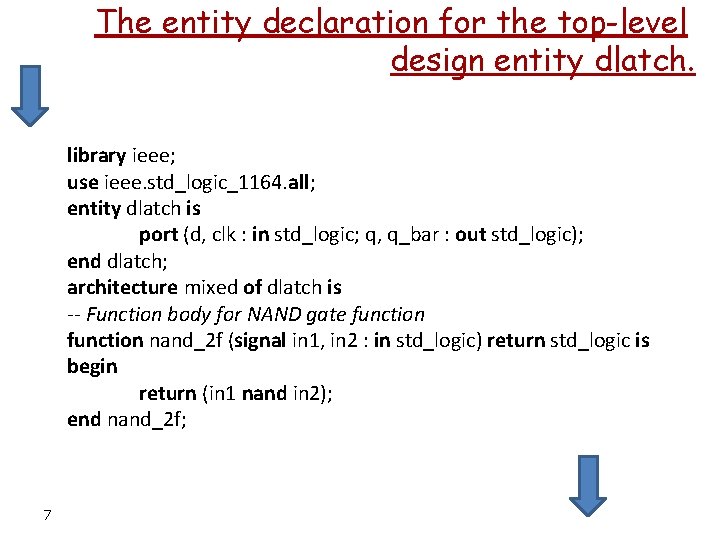 The entity declaration for the top-level design entity dlatch. library ieee; use ieee. std_logic_1164.
