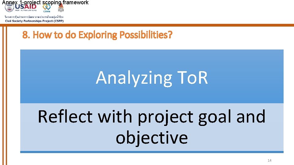 Annex 1 -project scoping framework 8. How to do Exploring Possibilities? Analyzing To. R