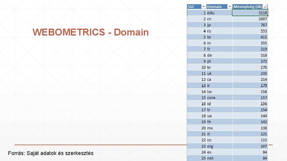 WEBOMETRICS - Domain Forrás: Saját adatok és szerkesztés 