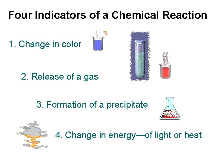 Four Indicators of a Chemical Reaction 1. Change in color 2. Release of a
