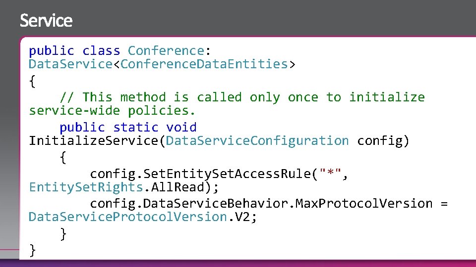 public class Conference: Data. Service<Conference. Data. Entities> { // This method is called only