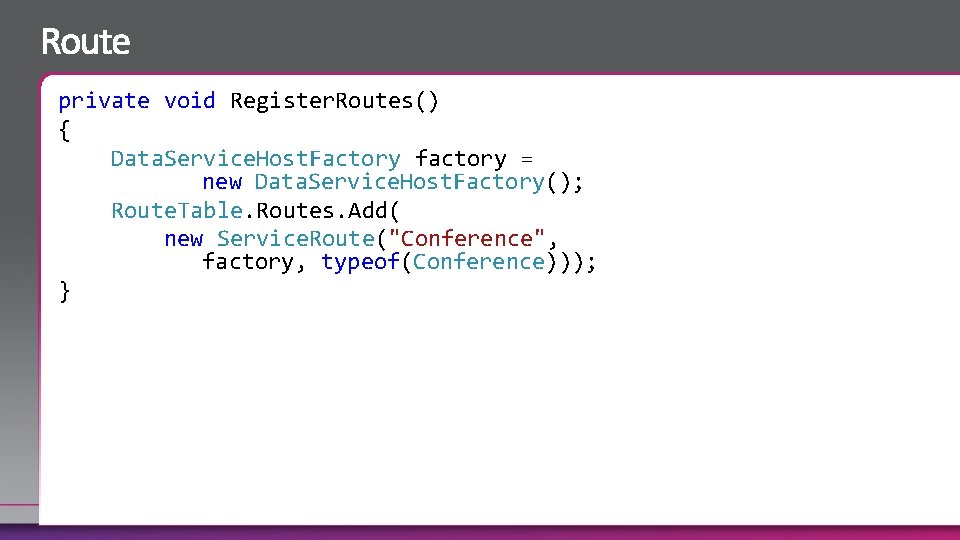 private void Register. Routes() { Data. Service. Host. Factory factory = new Data. Service.