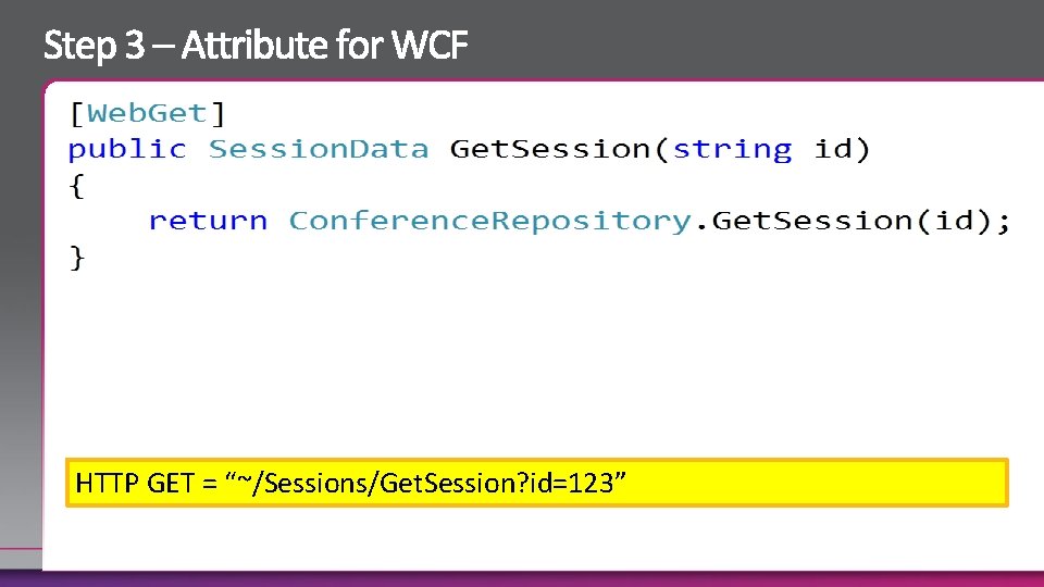 HTTP GET = “~/Sessions/Get. Session? id=123” 