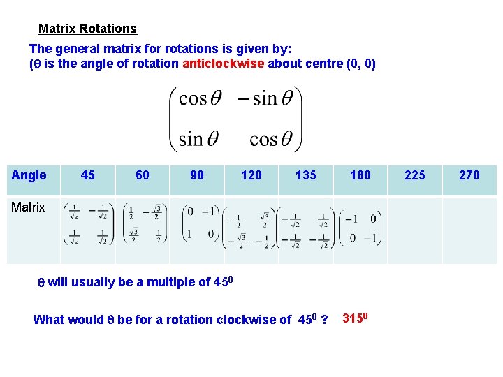 Matrix Rotations The general matrix for rotations is given by: ( is the angle