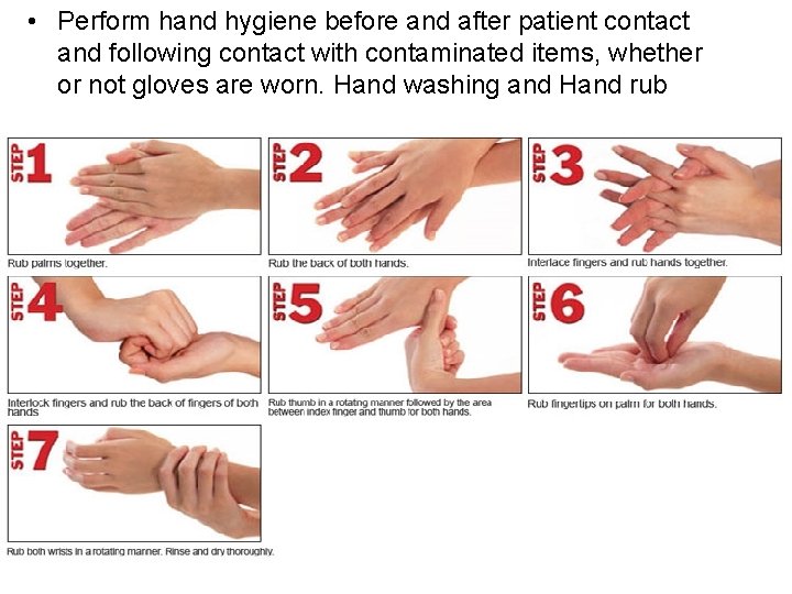  • Perform hand hygiene before and after patient contact and following contact with