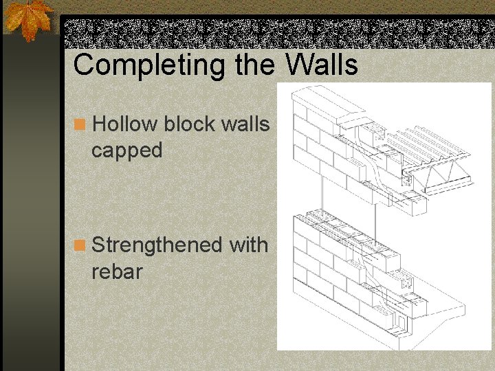 Completing the Walls n Hollow block walls capped n Strengthened with rebar 