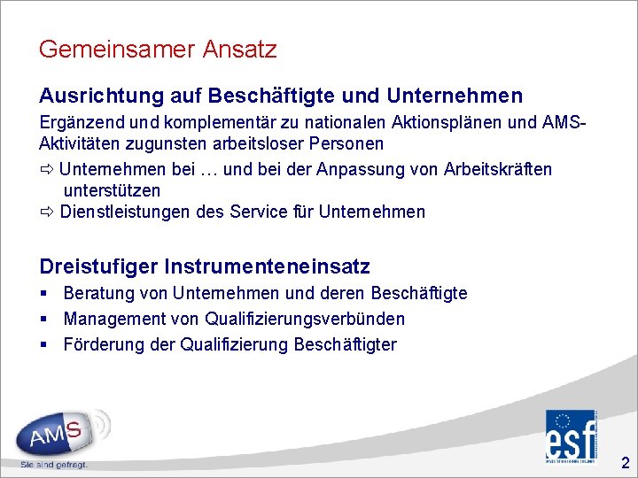 Gemeinsamer Ansatz Ausrichtung auf Beschäftigte und Unternehmen Ergänzend und komplementär zu nationalen Aktionsplänen und