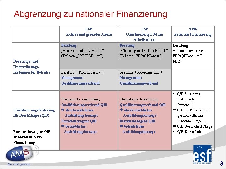 Abgrenzung zu nationaler Finanzierung ESF Aktives und gesundes Altern Beratungs- und Unterstützungsleistungen für Betriebe