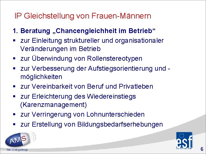 IP Gleichstellung von Frauen-Männern 1. Beratung „Chancengleichheit im Betrieb“ § zur Einleitung struktureller und