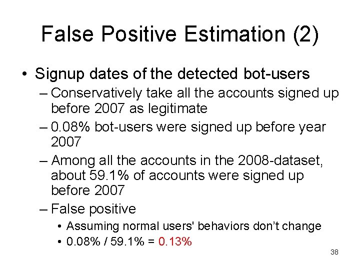 False Positive Estimation (2) • Signup dates of the detected bot-users – Conservatively take