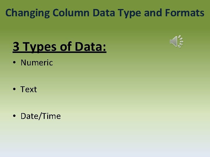 Changing Column Data Type and Formats 3 Types of Data: • Numeric • Text