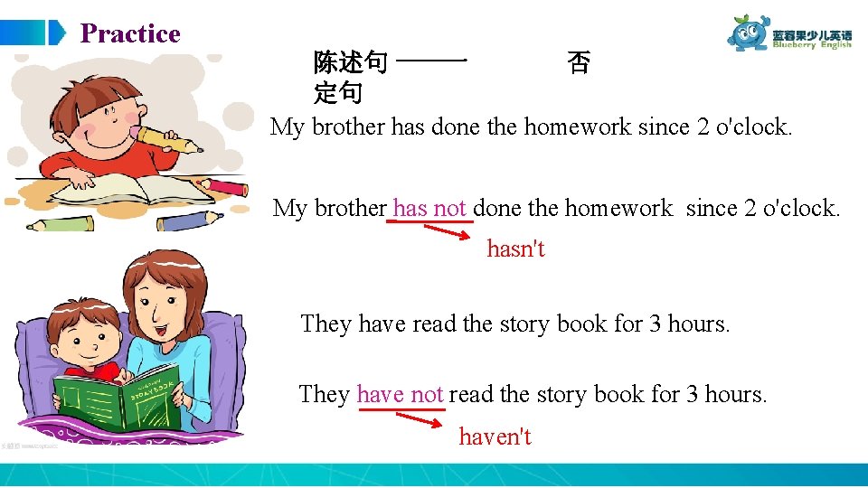 Practice 陈述句 否 定句 My brother has done the homework since 2 o'clock. My