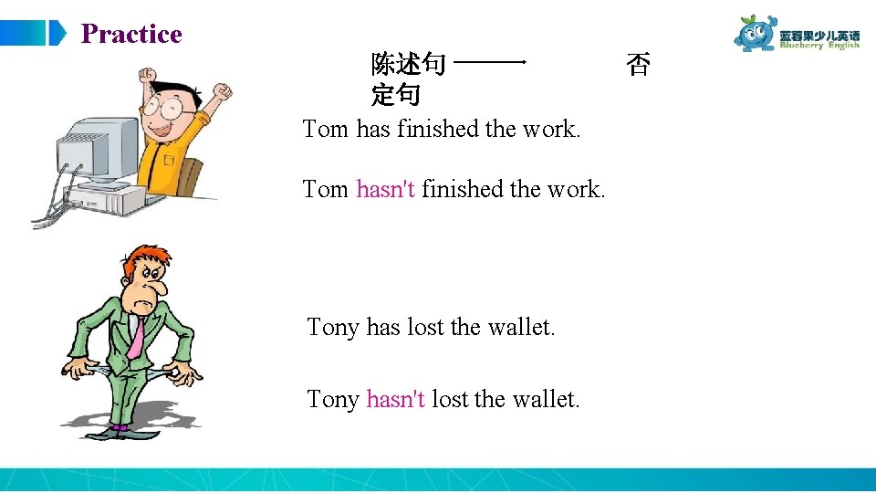 Practice 陈述句 定句 Tom has finished the work. Tom hasn't finished the work. Tony