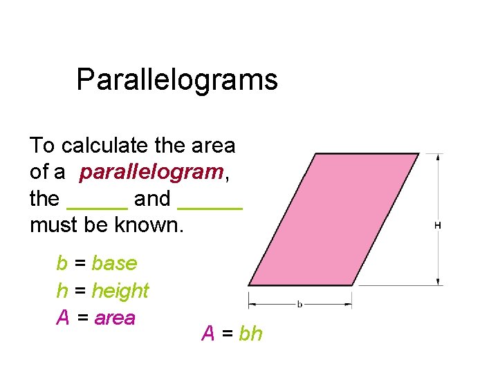 Parallelograms To calculate the area of a parallelogram, the _____ and ______ must be