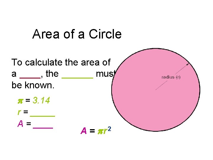 Area of a Circle To calculate the area of a ____, the ______ must