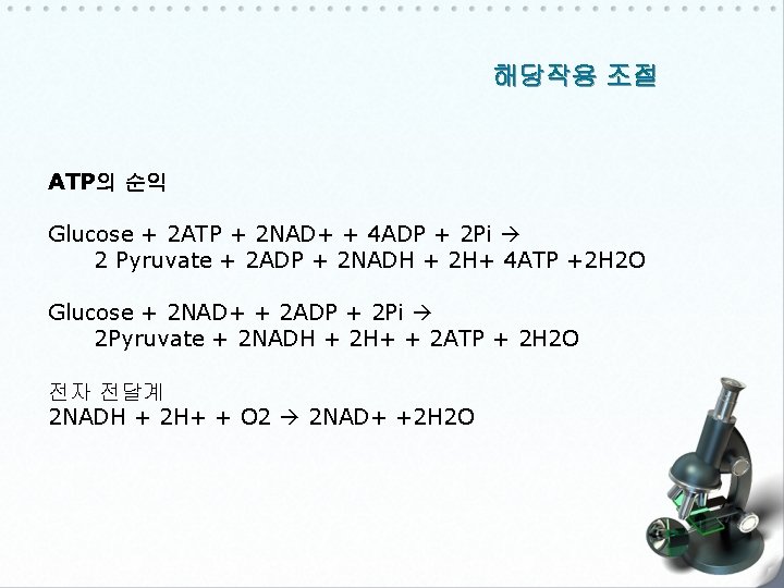 해당작용 조절 ATP의 순익 Glucose + 2 ATP + 2 NAD+ + 4 ADP