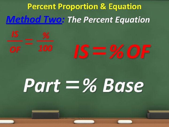 Percent Proportion & Equation Method Two: The Percent Equation IS OF % 100 IS