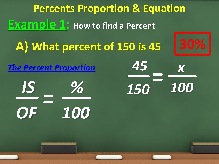 Percents Proportion & Equation Example 1: How to find a Percent A) What percent