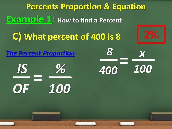 Percents Proportion & Equation Example 1: How to find a Percent C) What percent