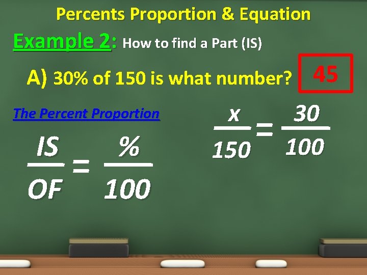 Percents Proportion & Equation Example 2: How to find a Part (IS) A) 30%