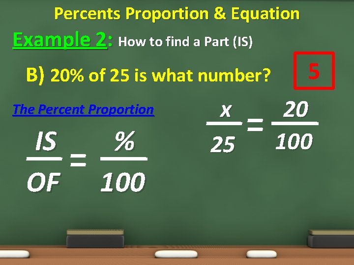 Percents Proportion & Equation Example 2: How to find a Part (IS) B) 20%