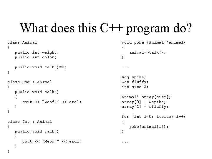 What does this C++ program do? class Animal { public int weight; public int