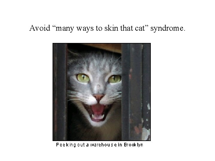 Avoid “many ways to skin that cat” syndrome. 