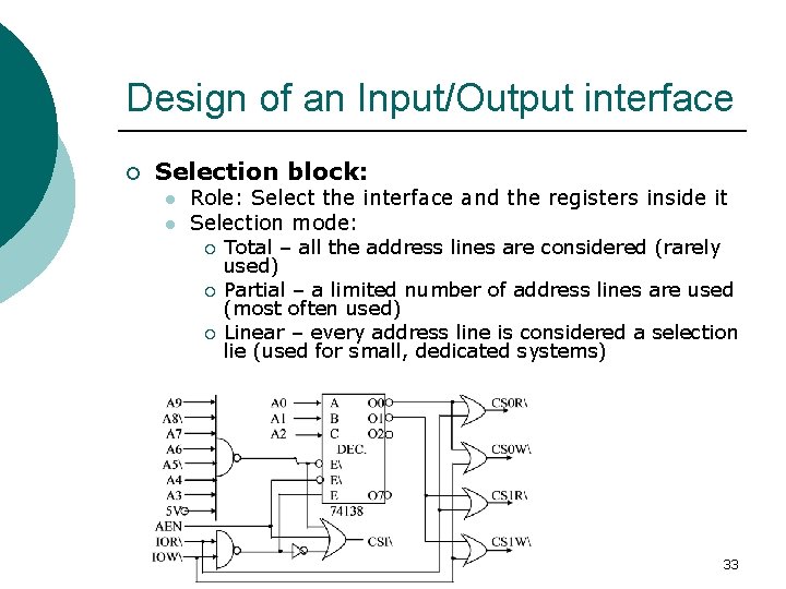 Design of an Input/Output interface ¡ Selection block: l l Role: Select the interface