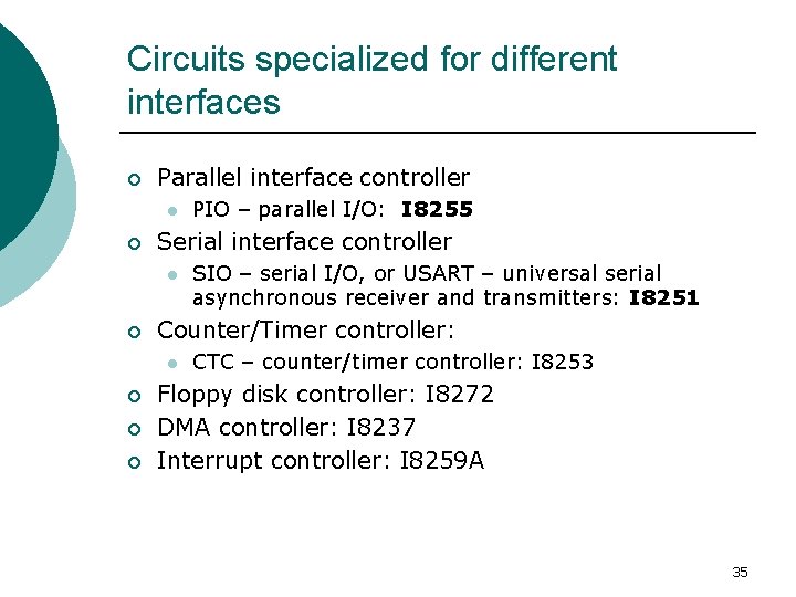 Circuits specialized for different interfaces ¡ Parallel interface controller l ¡ Serial interface controller